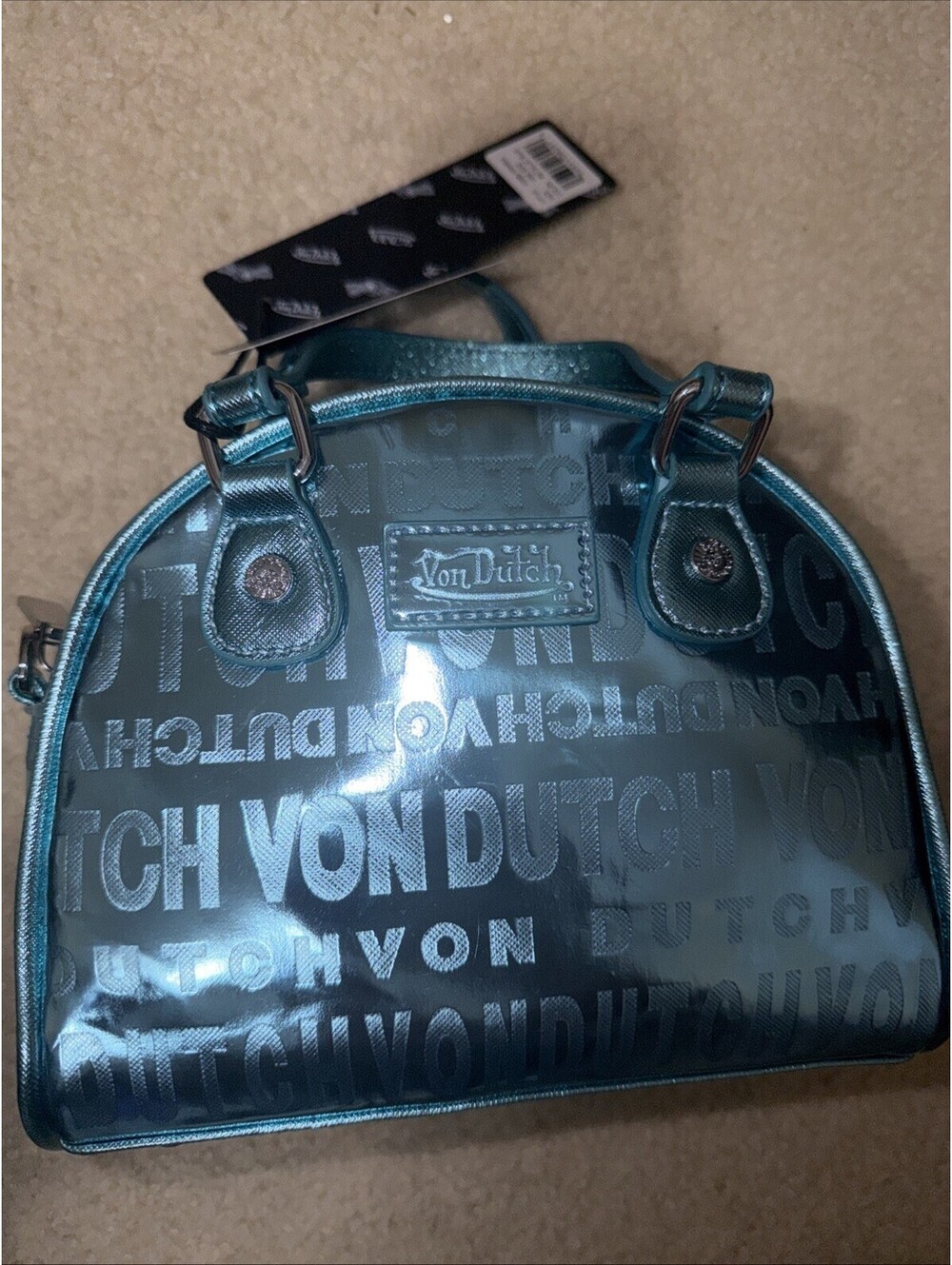 Von Dutch Rare Metallic Blue Reflective Bowling Bag Vegan Leather Embossed Logo